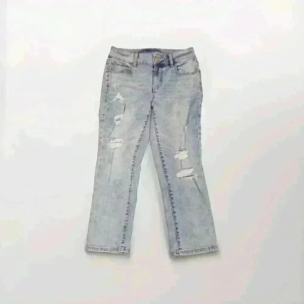 Womens Maurices Mid Rise Distressed Stretch Denim Blue Jean Capris Size 2 4404